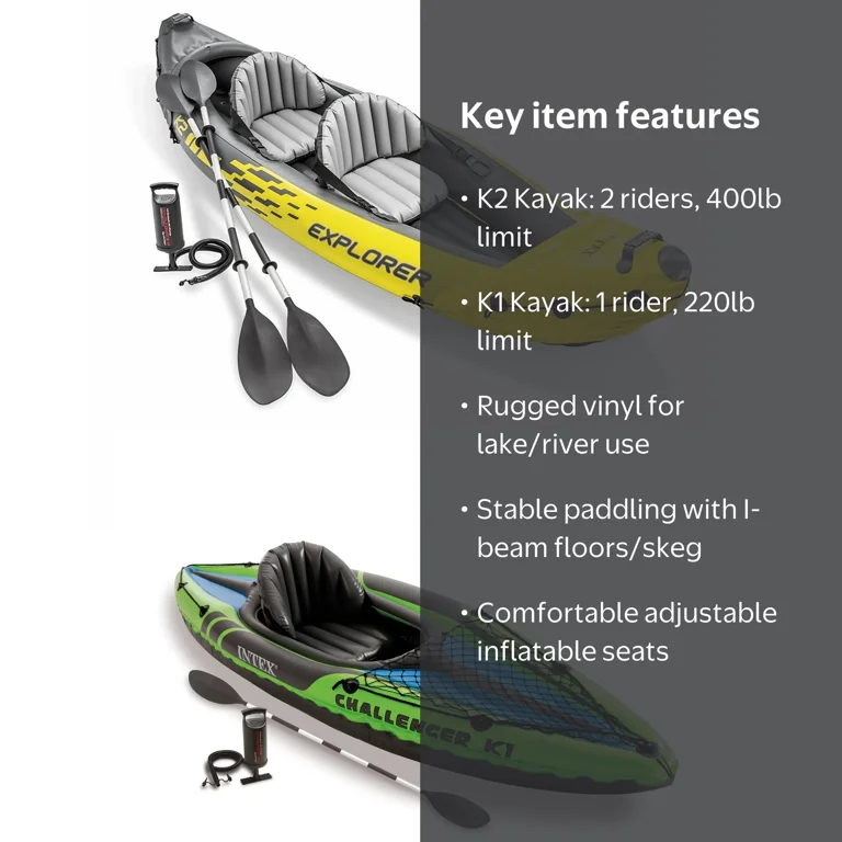 Intex 2-Person and 1-Person Inflatable Kayaks with Oars, Pump