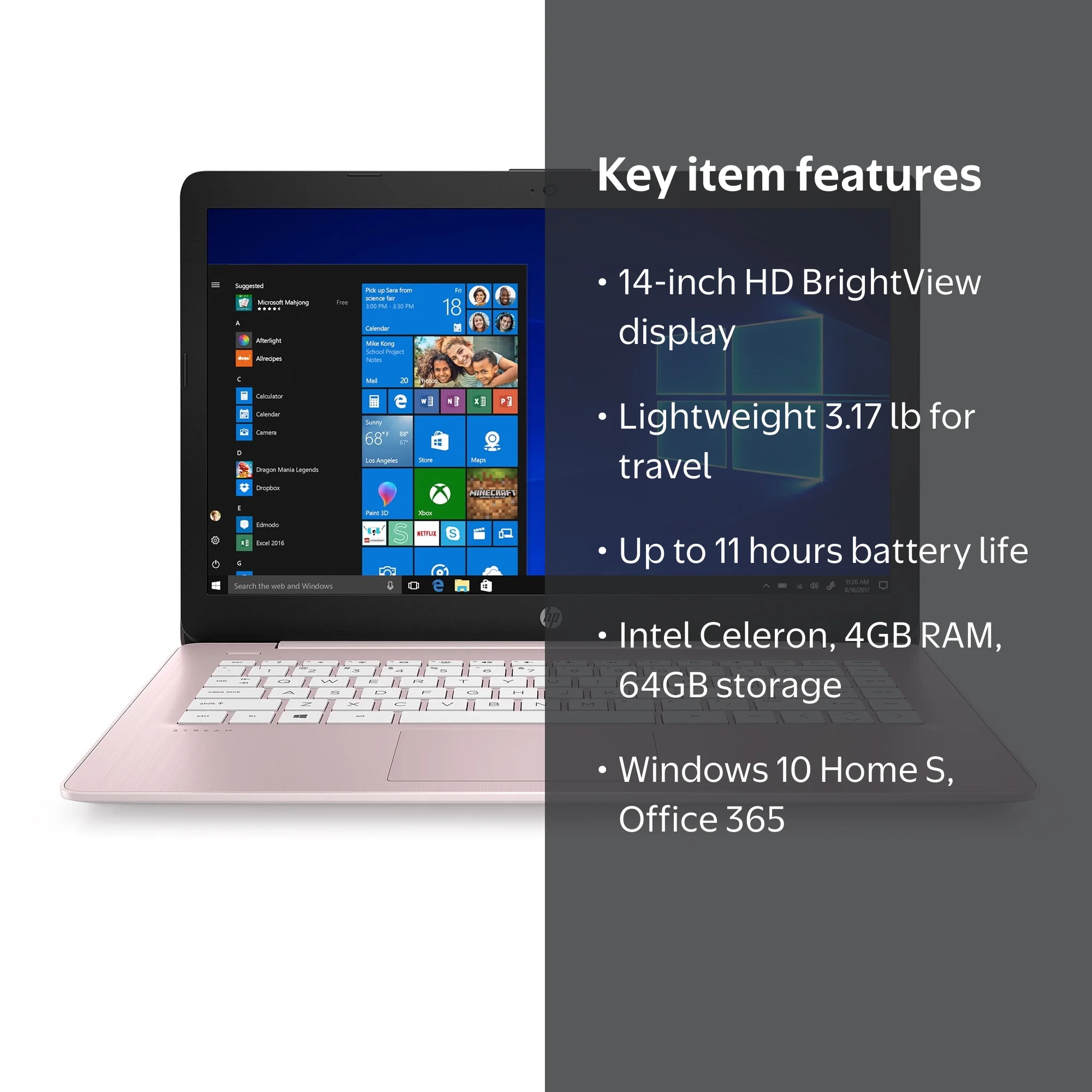 HP Stream 14-inch Celeron Pink Laptop with 4GB RAM, 64GB Storage