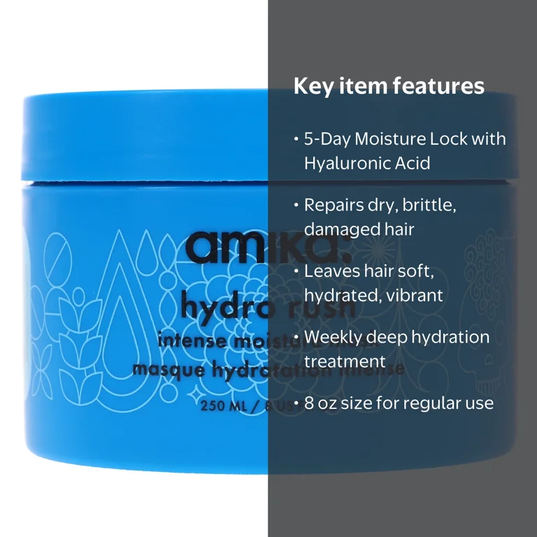 Amika, Hydro Rush Intense Moisture Mask, 8 oz for Deep Hydration