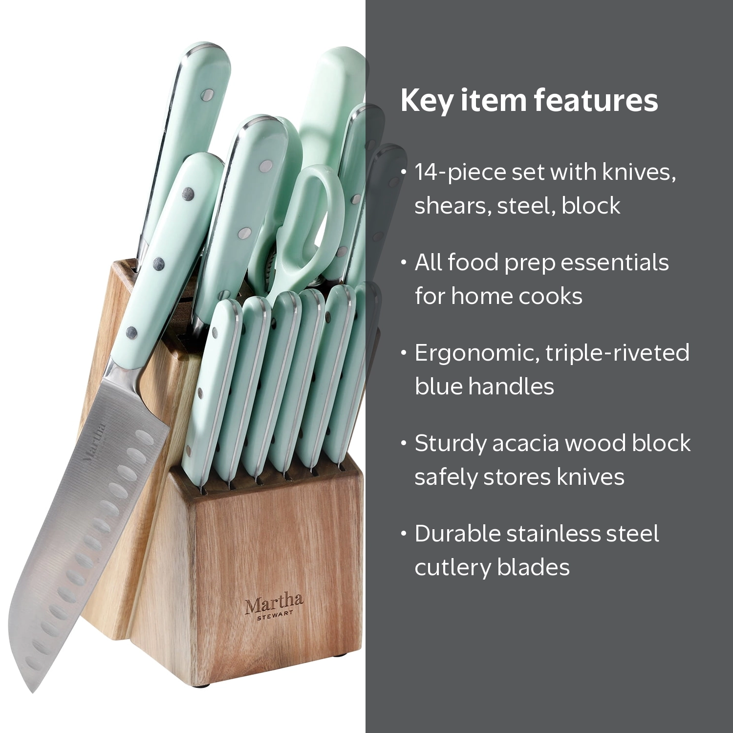 Martha Stewart, Cutlery Set, 14-Piece, Blue Stainless Steel