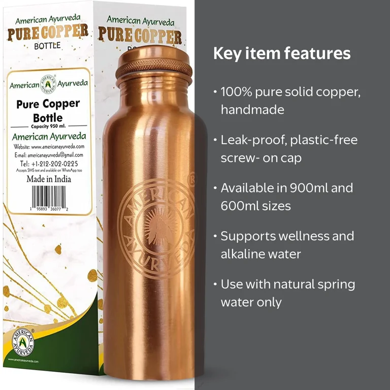 100% Pure Copper 30 Oz Water Bottle - Joint Free, Leak Proof, Yoga