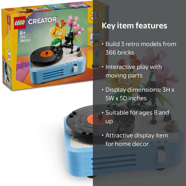LEGO, Record Player with Flowers, 366 Pieces, 3 in 1 Building Set
