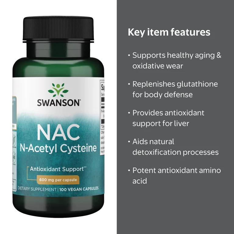 Swanson Premium NAC N-Acetyl Cysteine, 600 mg Antioxidant Support, Detox, 100 Capsules