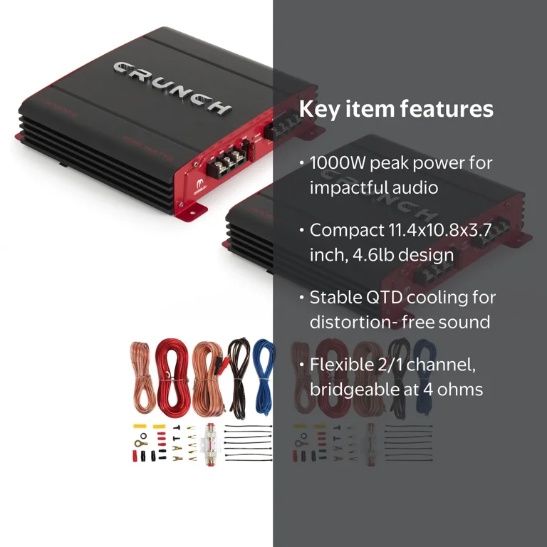 Crunch PX-1000.2 2 Channel 1000W Car Stereo Amplifier + Amp Wiring