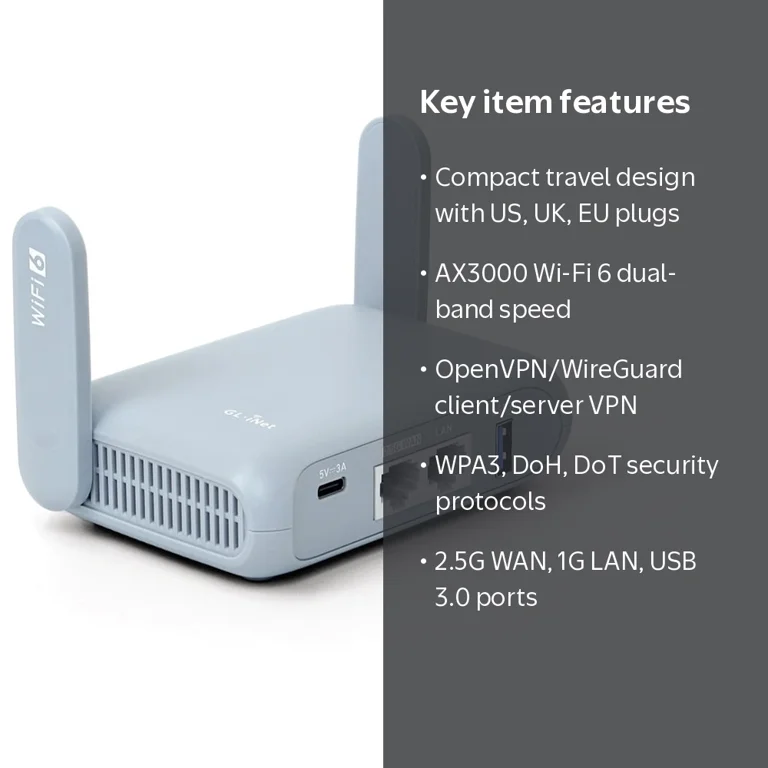 GL.iNet GL-MT3000 Beryl AX, Pocket Wi-Fi 6 Travel Router, VPN