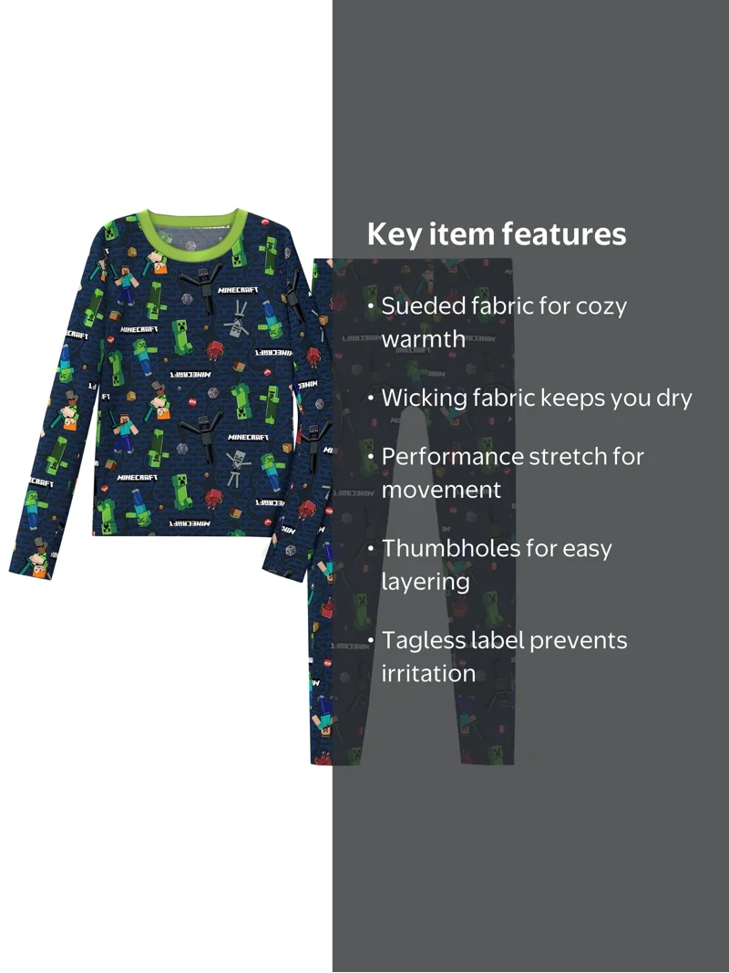 Climateright By Cuddl Duds Minecraft Boys Thermal Set, Sizes S-L