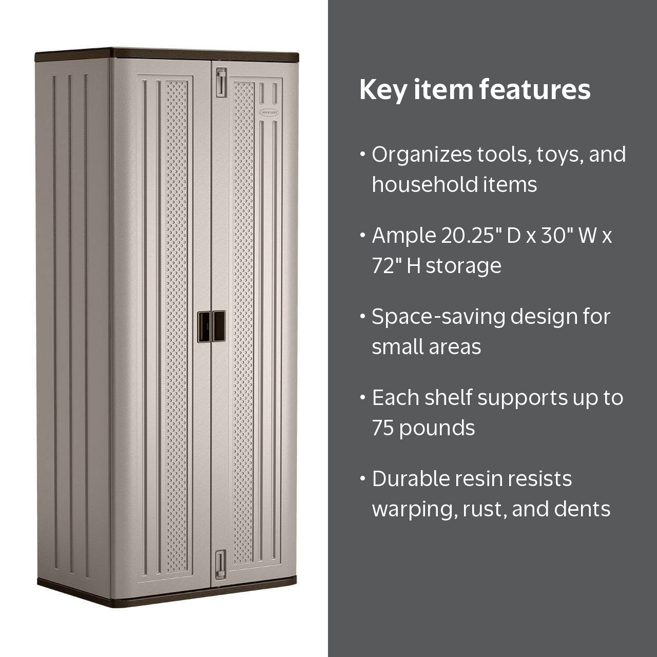 Suncast 3-Shelf Resin Base Garage Cabinet Locker, Gray, Tall