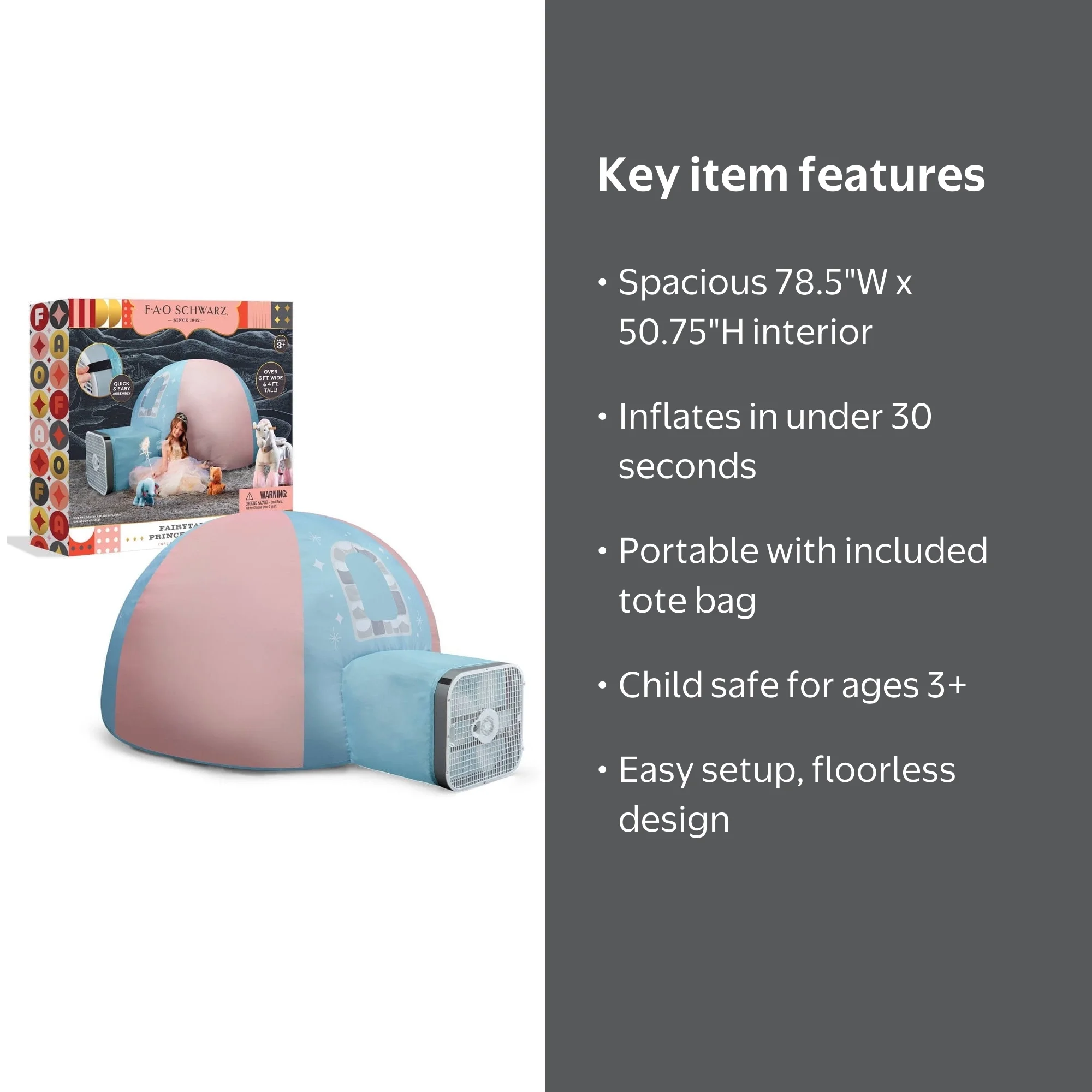 FAO Schwarz Kids Play Castle Inflatable Dome Princess Toy Tent