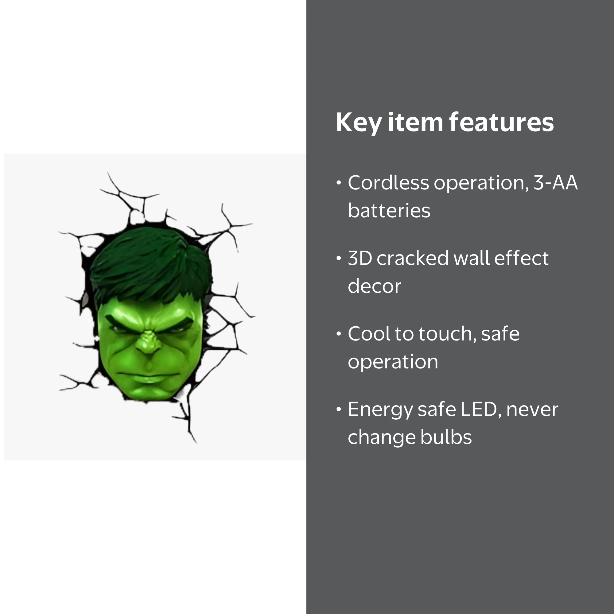Marvel Avengers Hulk Face 3D Deco LED Wall Light Lamp Decor