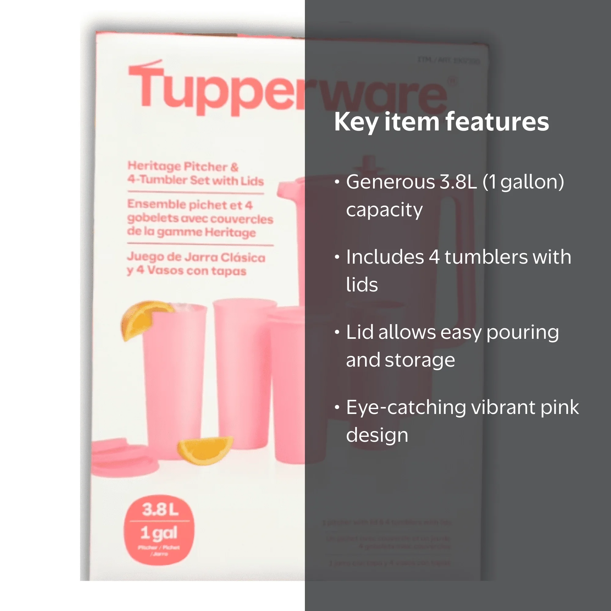 Tupperware Heritage Plastic Pitcher with Lid, 3.8L, Pink, 4