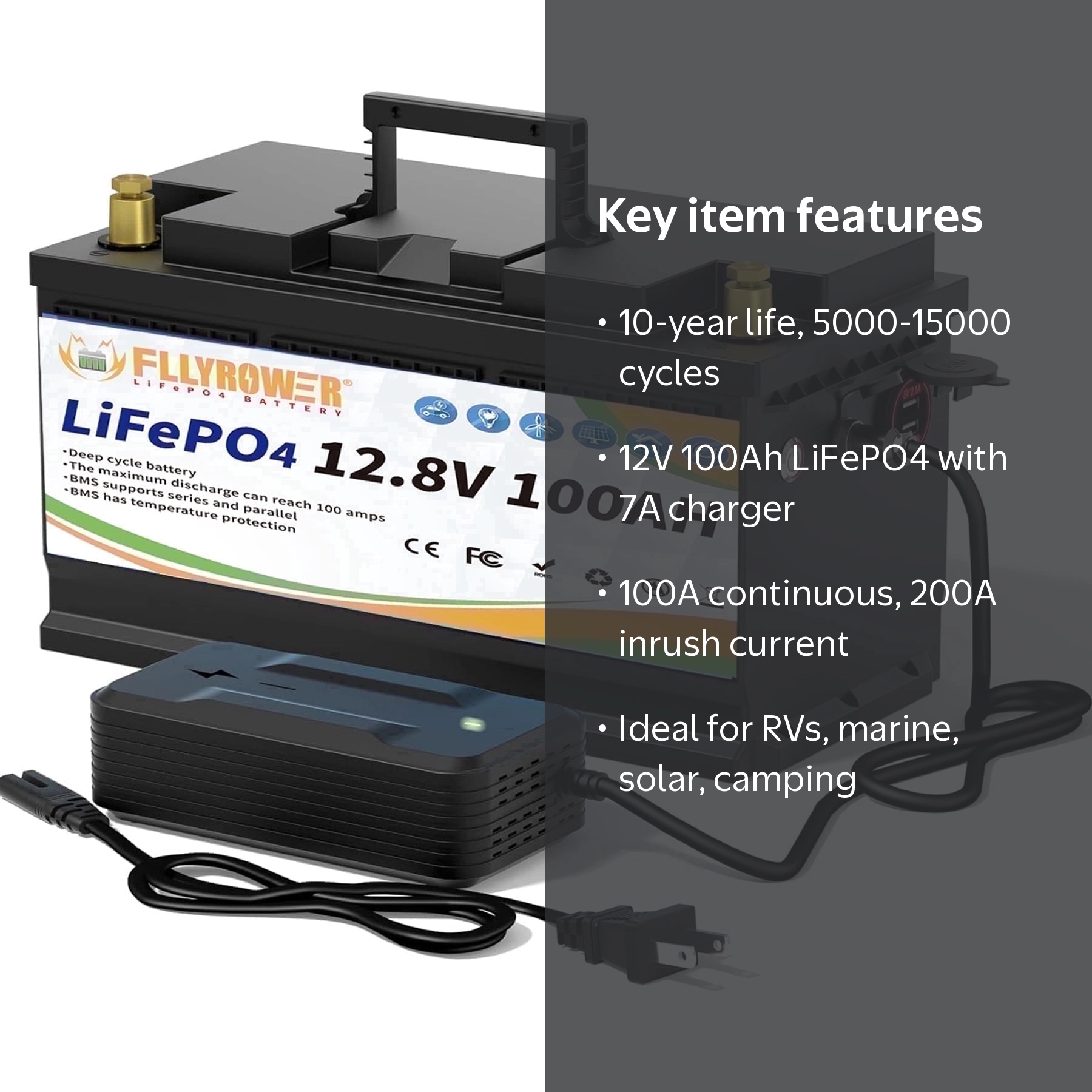 FLLYROWER 12V 100Ah LiFePO4 Battery for RV Marine Solar, 15000+