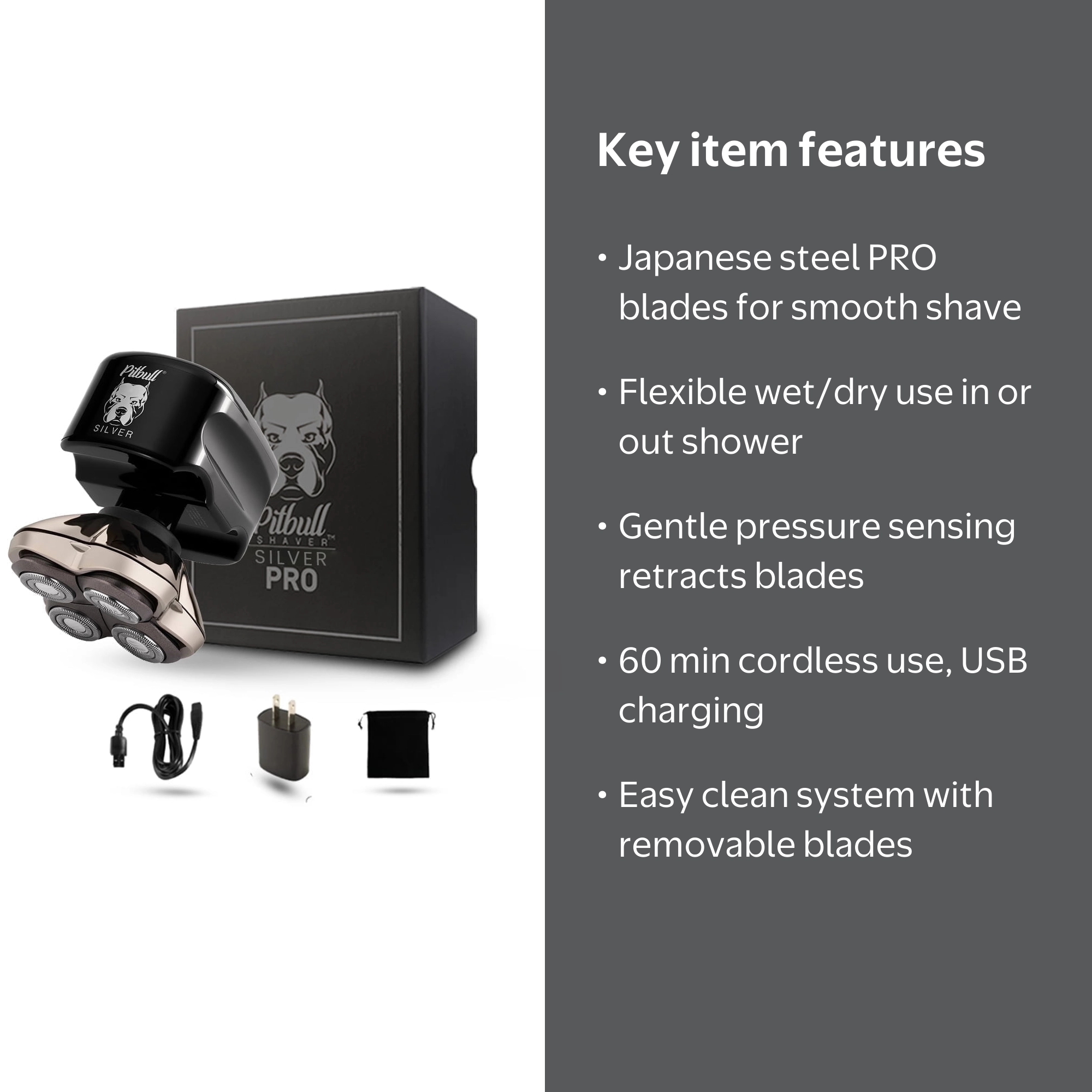 Skull Shaver Pitbull Silver PRO: Electric Head Shaver for Men, Wet