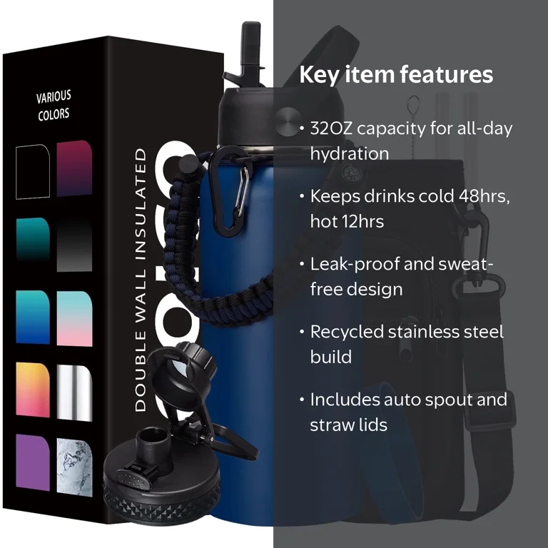 OOICO 32OZ Insulated Water Bottle With Auto Spout Lids, Straw Lids