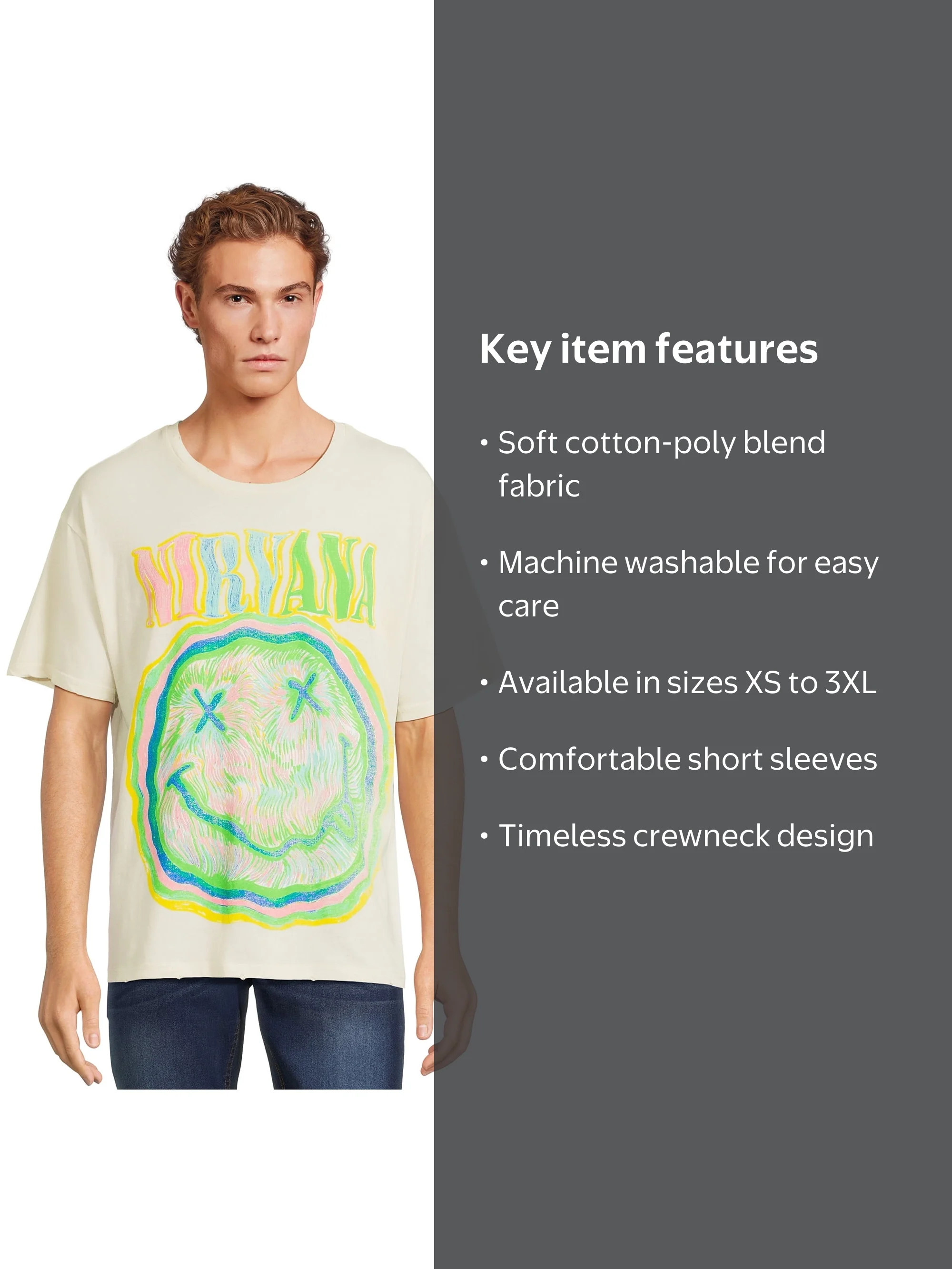 Nirvana Men's Graphic Rock Tee, Short Sleeve, XS-3XL, Cotton Blend