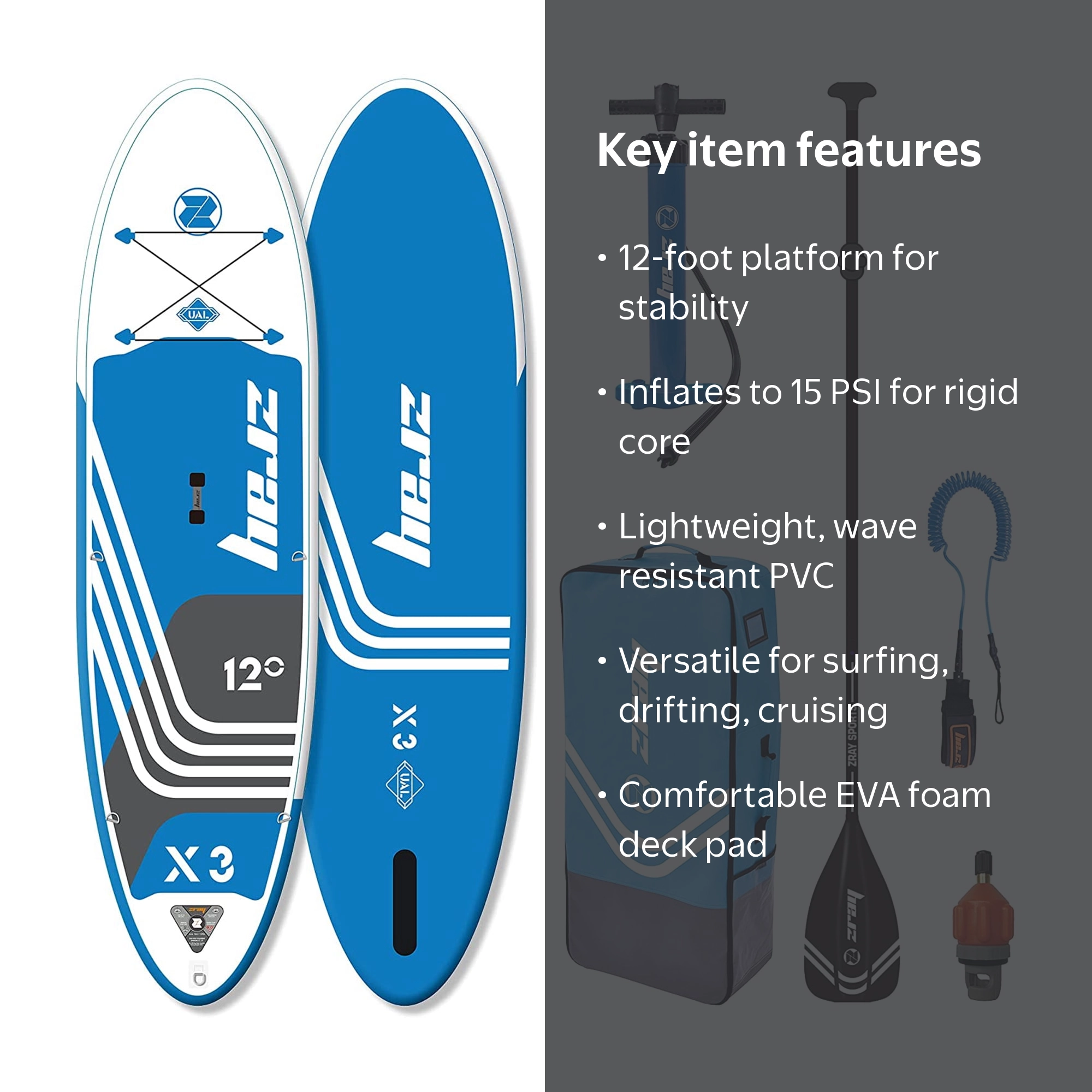 【タイムセール】Ride 12インチEP 3枚セット Zray 12 Foot Wide X-Rider Epic X3 Inflatable SUP Paddle Board Kit