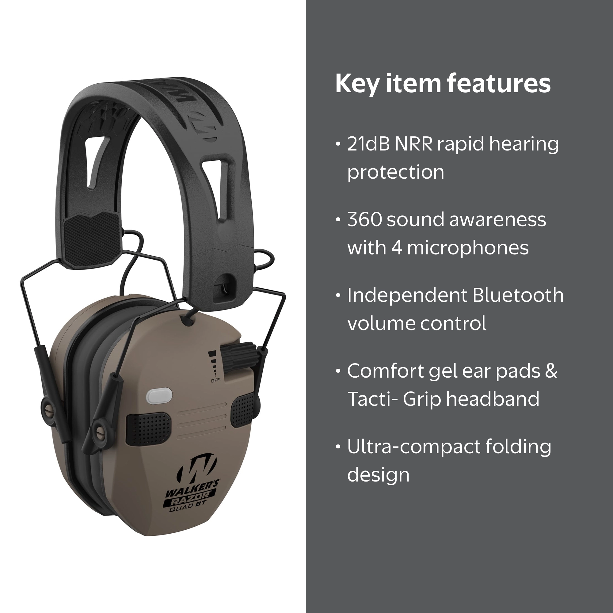 Walker's Razor Slim Quad Bluetooth Electronic Ear Muffs Flat Dark