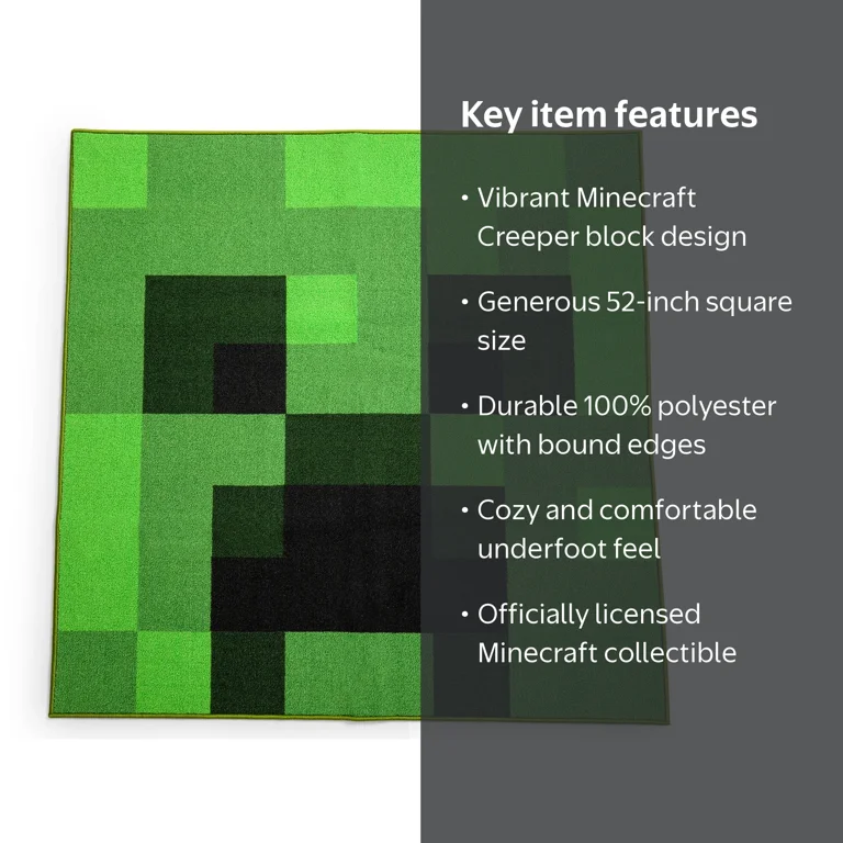 Minecraft Green Creeper Square Area Rug | 52 Inches | Kids Bedroom