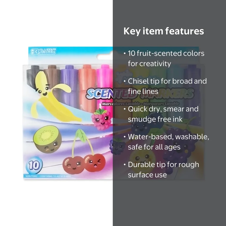 BAZIC Products Washable Scented Markers 10 Pack with Chisel Tip