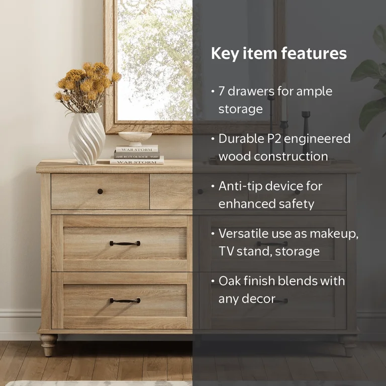 Oak 7 Drawer Dresser for Bedroom, Wooden Chest of Drawers for