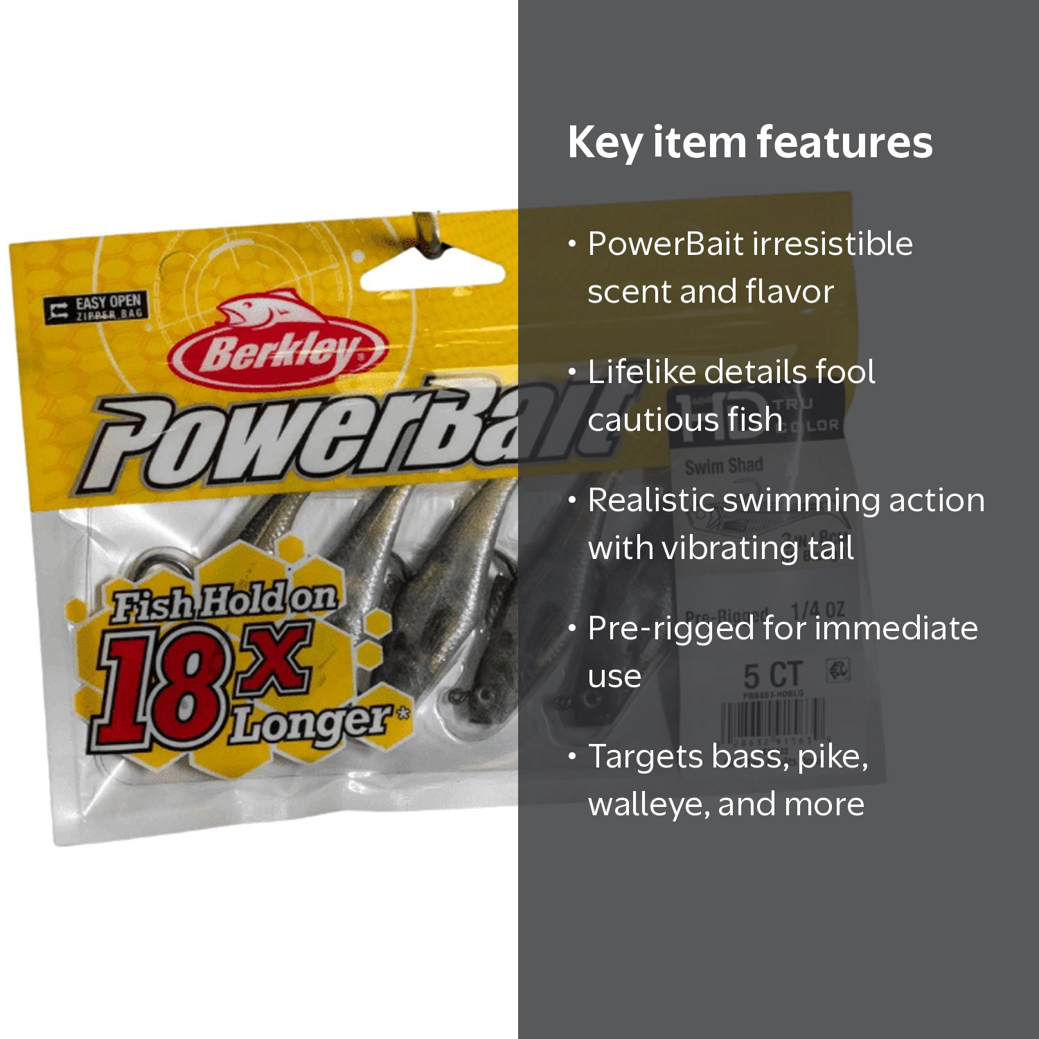 Berkley PowerBait Pre-Rigged Swim Shad Fishing Bait, HD Bluegill