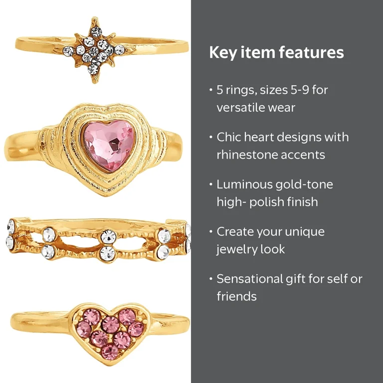 Jessica Simpson Women's Heart Rhinestone Ring Set, 5-Piece