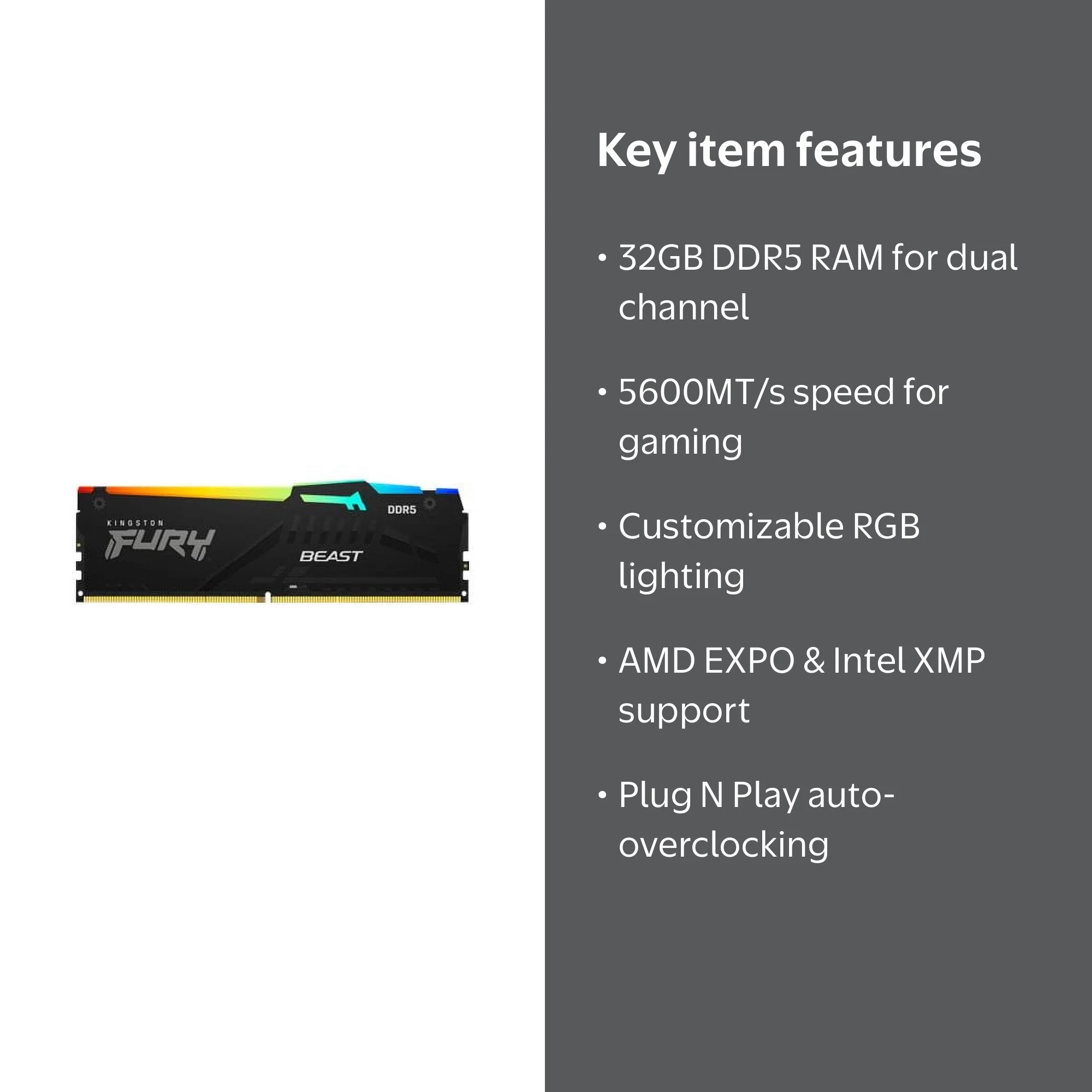 Kingston FURY Beast RGB 32GB DDR5 5600 (PC5 44800) Desktop Memory