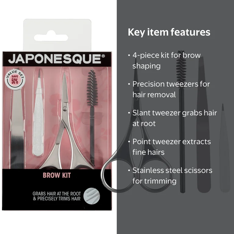Japonesque Brow Grooming Kit, Includes Slant Tweezer, Point