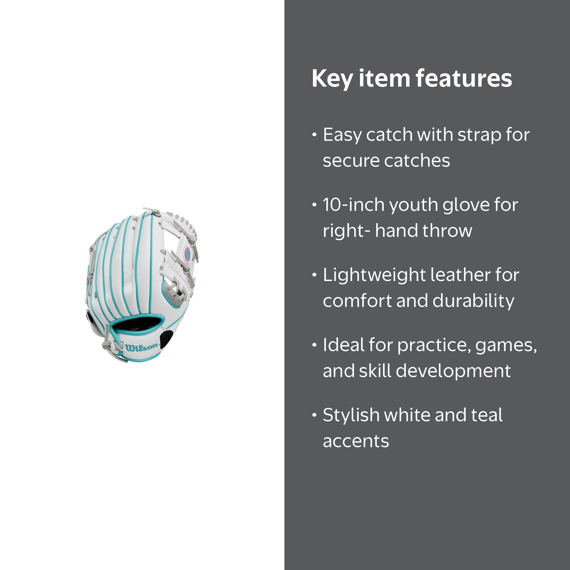 PGGアモッサ×N yメカニカルストレッチタフタホワイトベスト Wilson, T-Ball Glove, 10‚Äù EZ Catch, White/Teal, Right Hand Throw