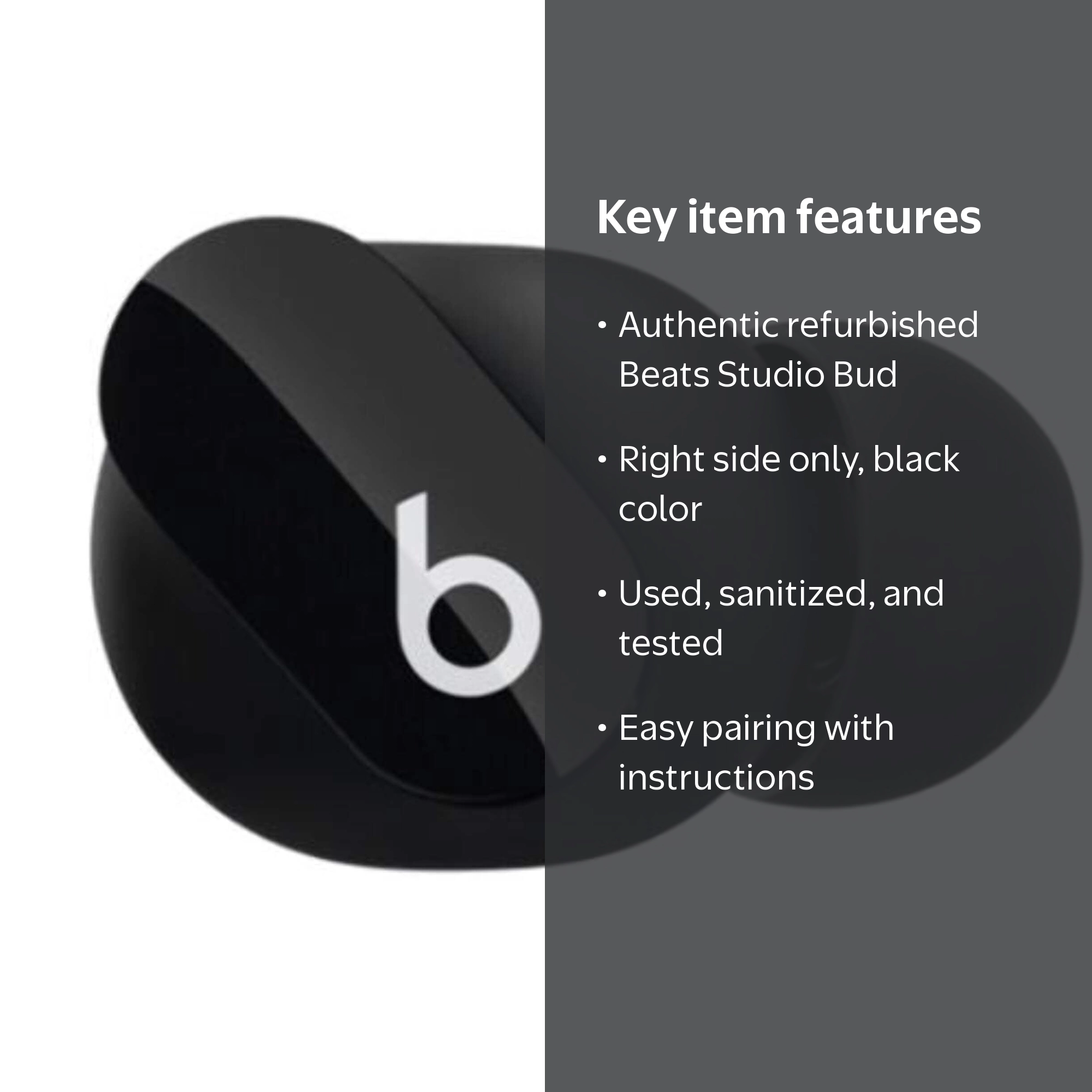 Right Beats Studio Bud Replacement, Black, Refurbished Right Side