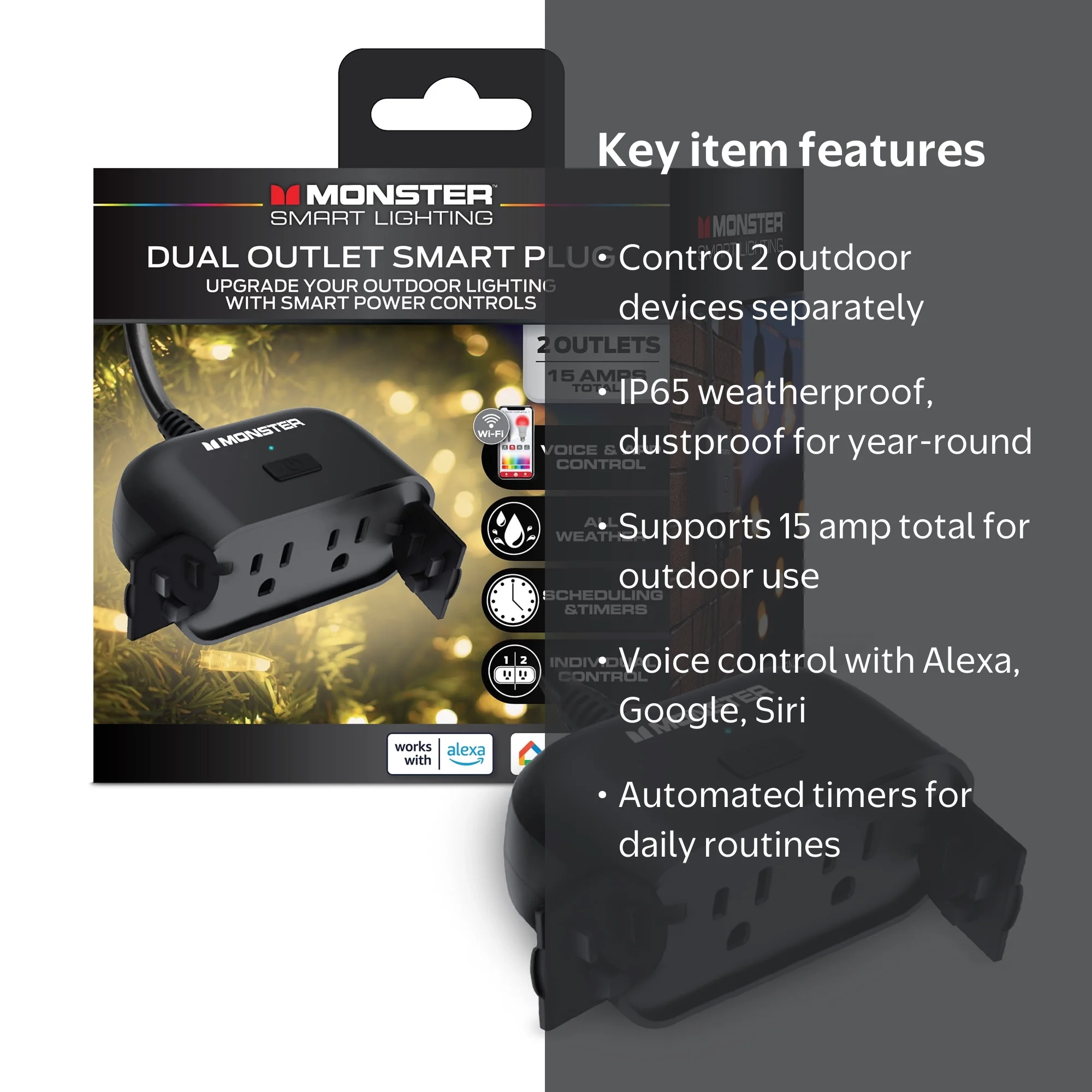 Monster Smart Dual Outdoor Plug with Wi-Fi, Weather-Resistant, 2