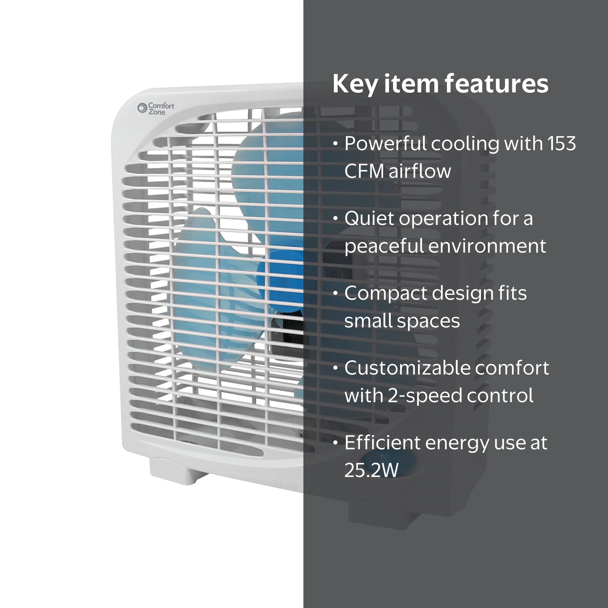Comfort Zone, 9IN PORT BOX FAN 2 SPEED, Model CZ9BAS, White