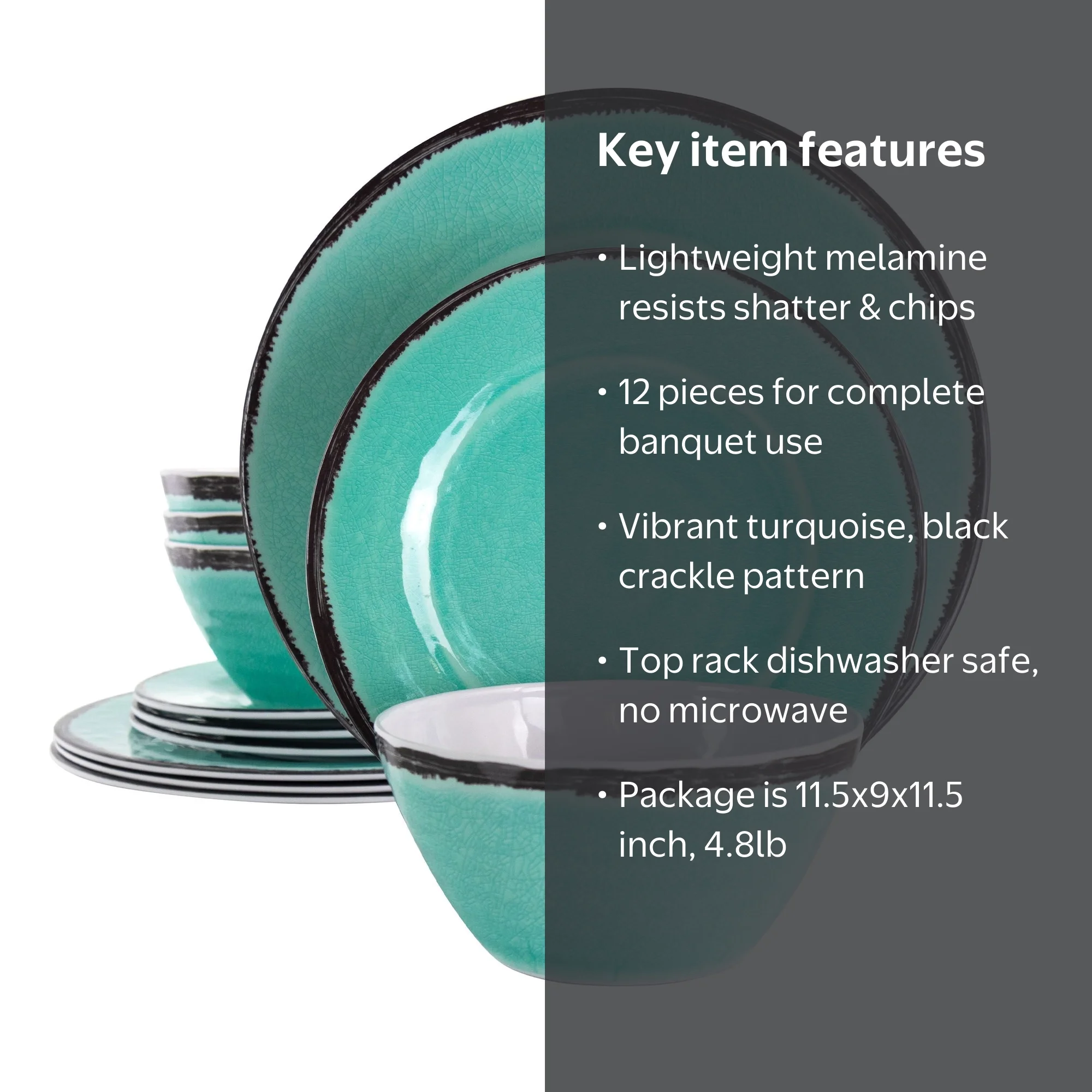 Elama Azul Banquet 12 Piece Lightweight Melamine Dinnerware Set in