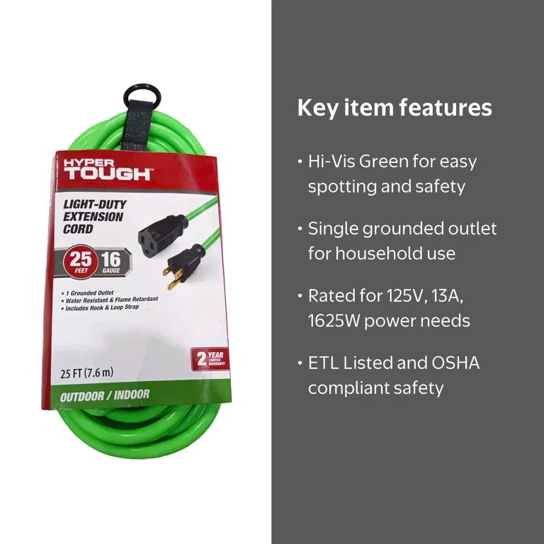 Hyper Tough 25FT 16/3 Outdoor Extension Cord Green 125V 13A