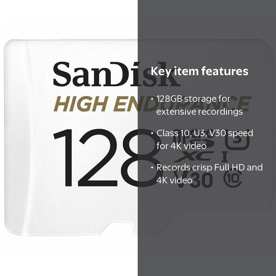 SanDisk, Micro SDHC Card, 128GB High Endurance, U3 V30 Class 10