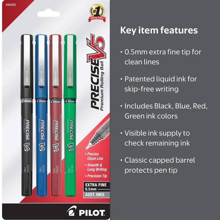Pilot, Rolling Ball Pens, 0.5 mm, Extra Fine Point, Assorted 4pk