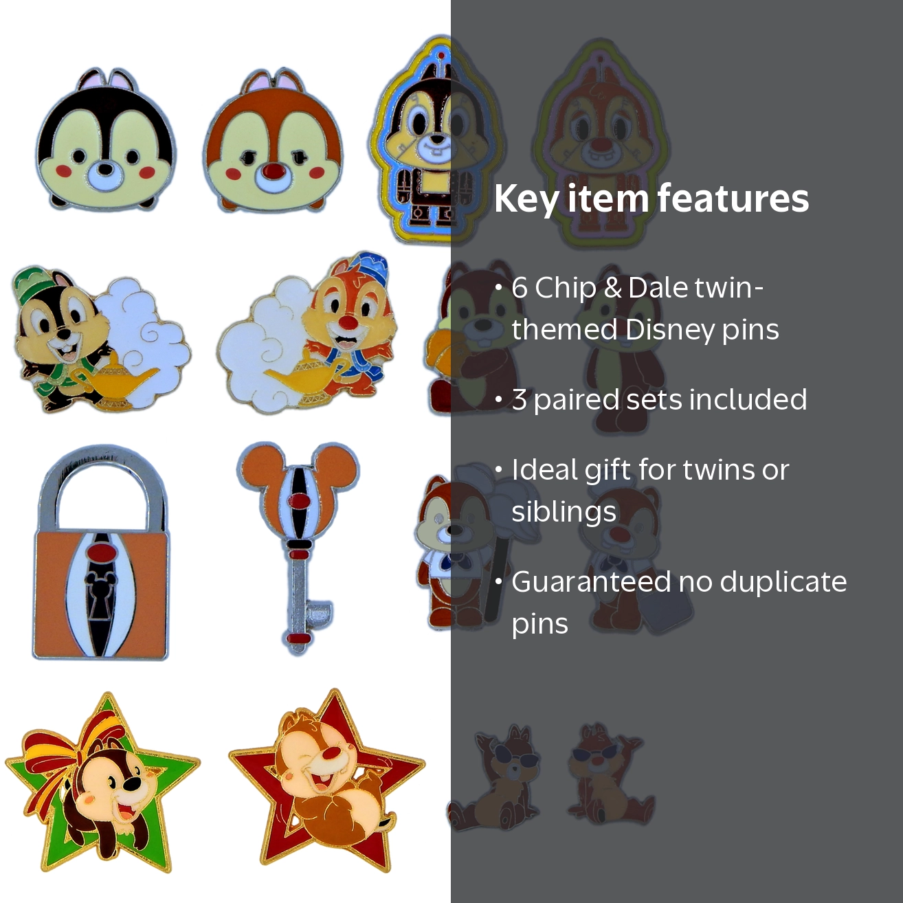 Disney, Chip and Dale Twin Trading Pins, Random Assorted Set of 6
