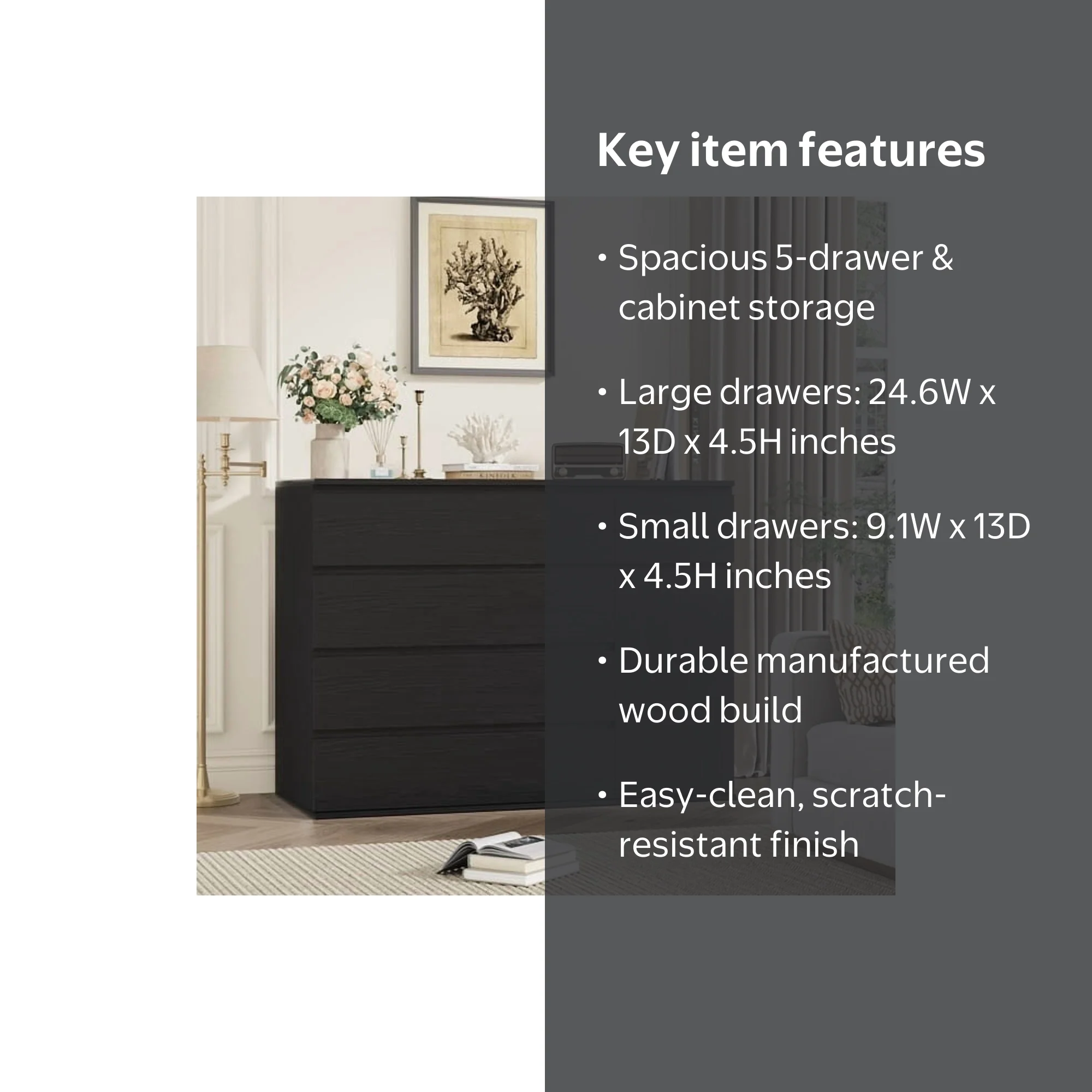 Homfa Black 5 Drawer Dresser with Door, Modern Accent Storage