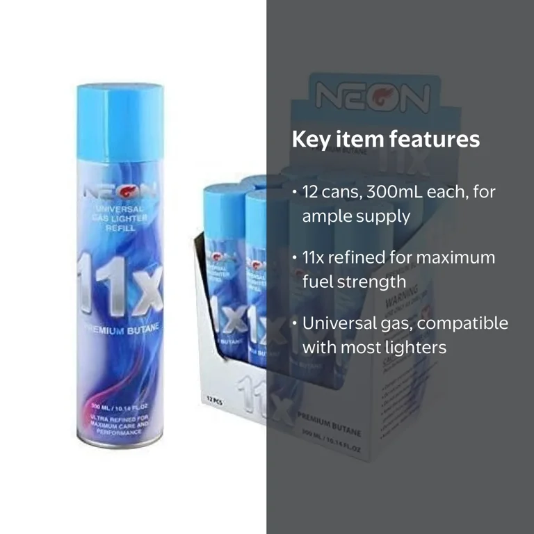 Twelve (12) Cans of Neon 11x Ultra Refined Butane Fuel Lighter Refill Gas