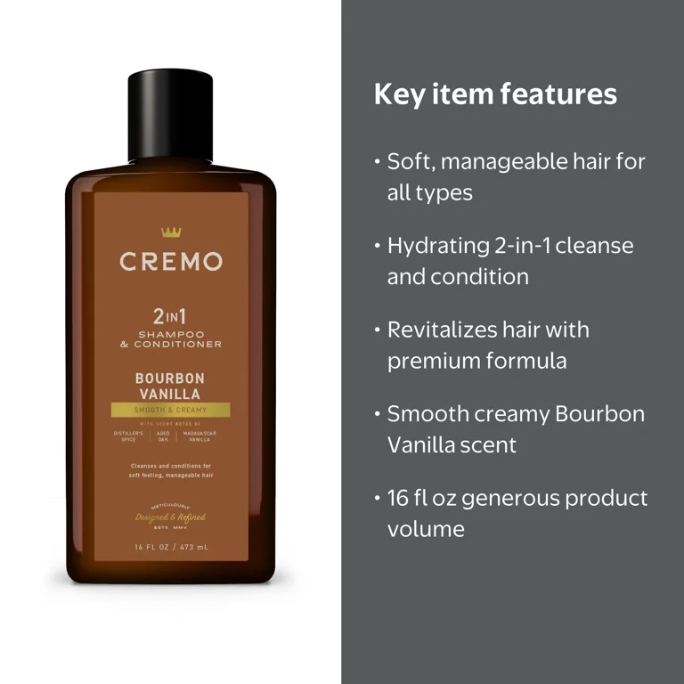 Cremo 2-in-1 Men's Shampoo & Conditioner, Bourbon Vanilla Scent