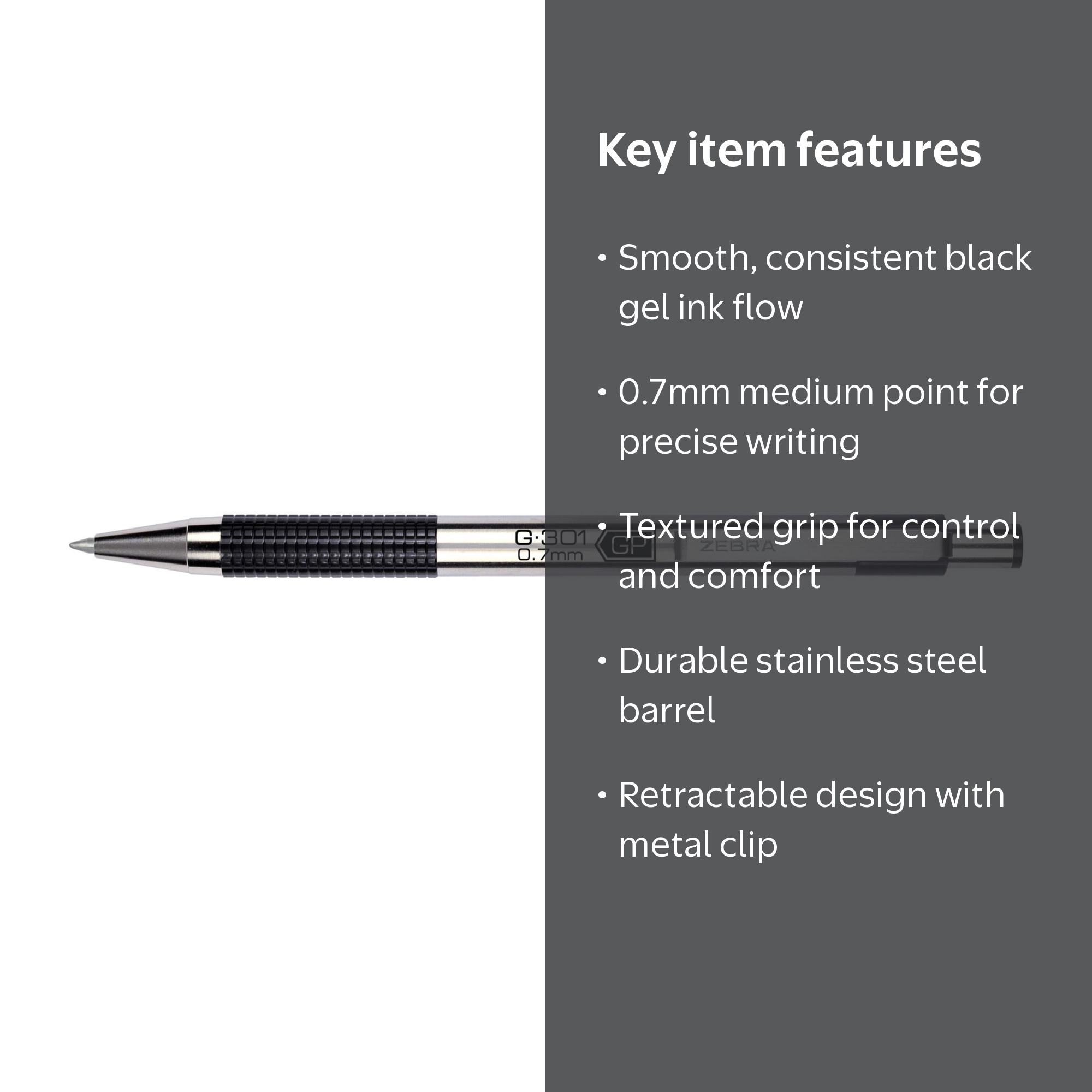 Zebra G-301 Stainless Steel Retractable Gel Pen, 0.7mm, 4pk