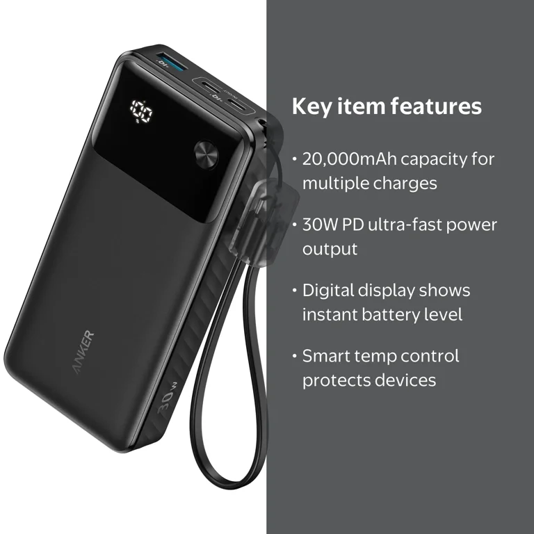 seedaa/A1383-12/ Anker 20,000mAh Power Bank, 30W Fast Charging, Digital Display, 3