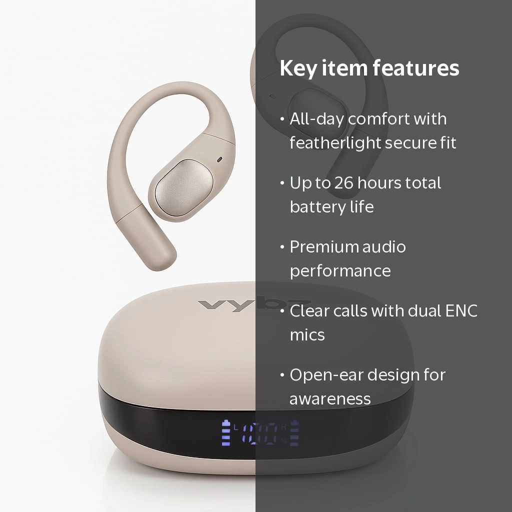 Vybz Open-Ear True Wireless Headphones with Charging Case, 26-Hour