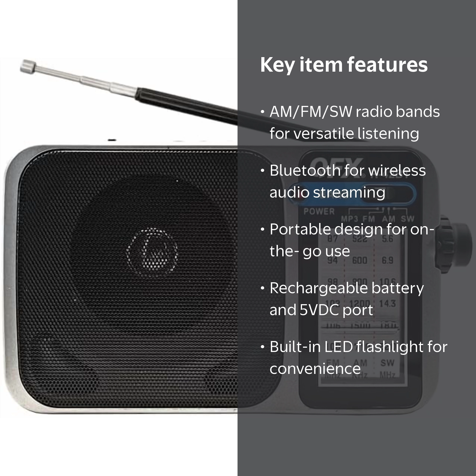 Portable 3-Band AM/FM/SW Radio with Bluetooth + LED Flashlight