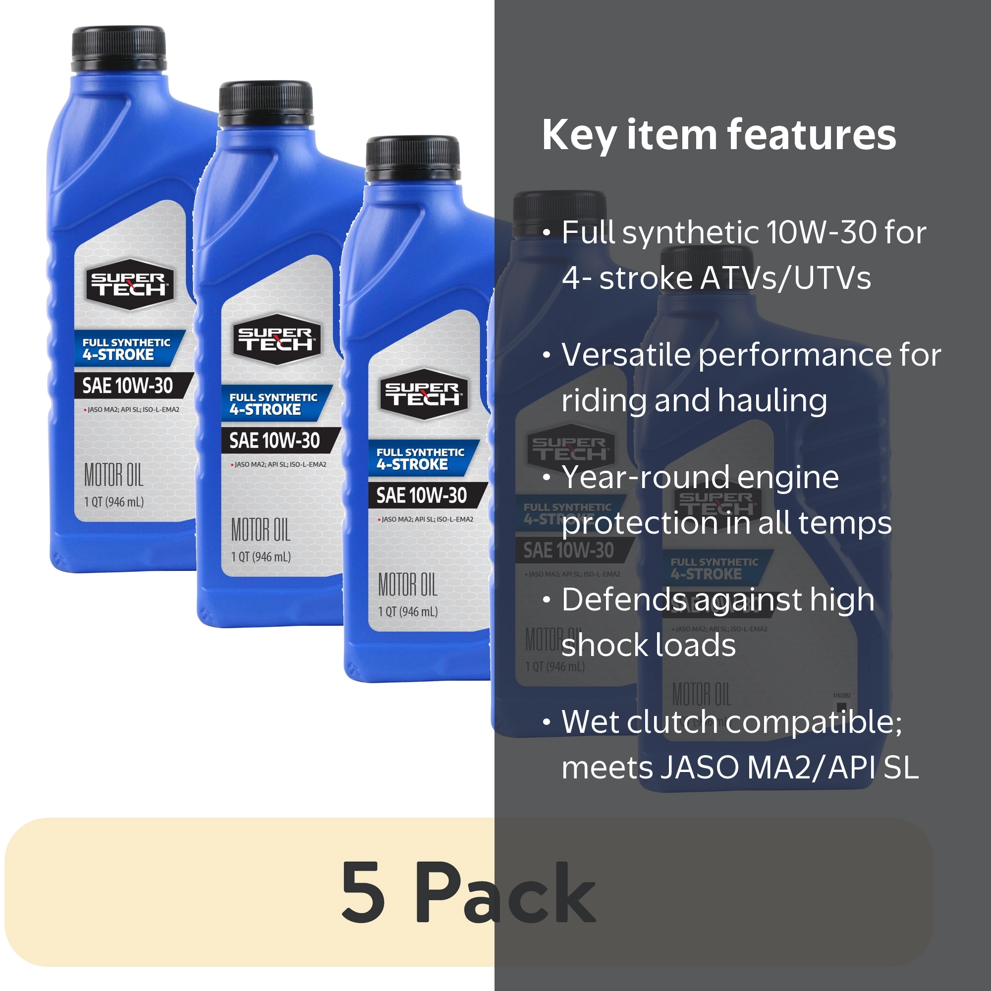 5 pack) Super Tech Full Synthetic SAE 10W-30 4-Stroke ATV Motor
