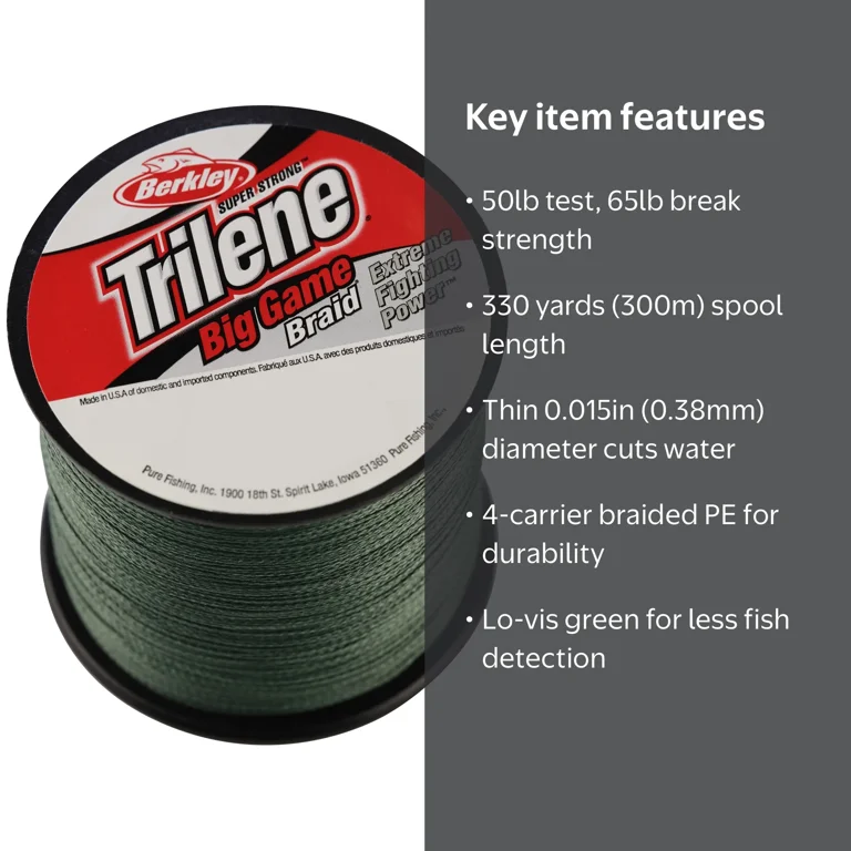 big game braided fishing line Trilene Braid 100 lb / Low-Vis Green The Big Game braided line is a must Trilene Big Game Braid 65