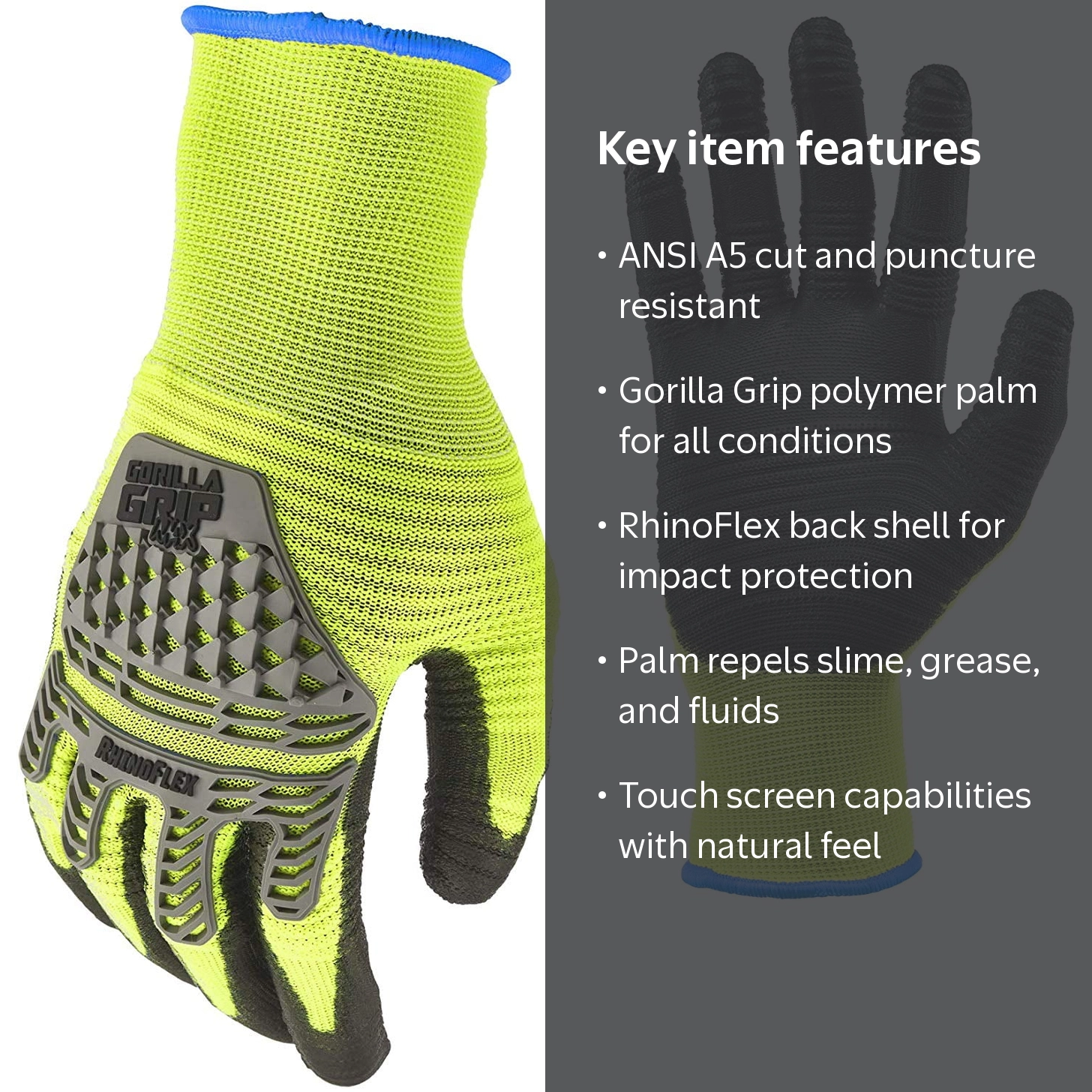 Gorilla Grip RhinoFlex A5 Cut Protection Hi Vis Work Gloves, 25261
