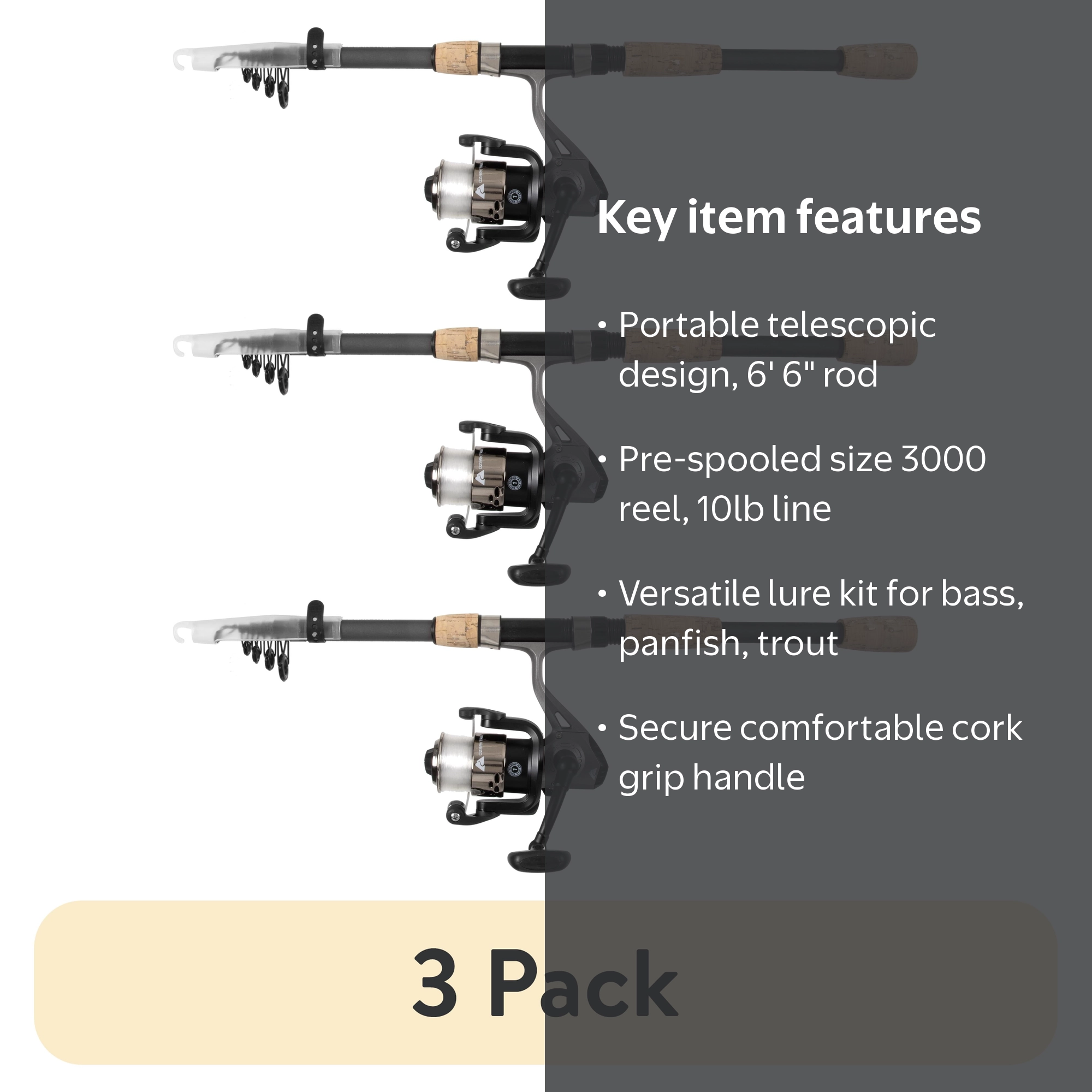 3 pack) Ozark Trail Composite Telescopic Fishing Rod and Reel