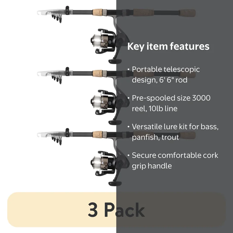 3 pack) Ozark Trail Composite Telescopic Fishing Rod and Reel
