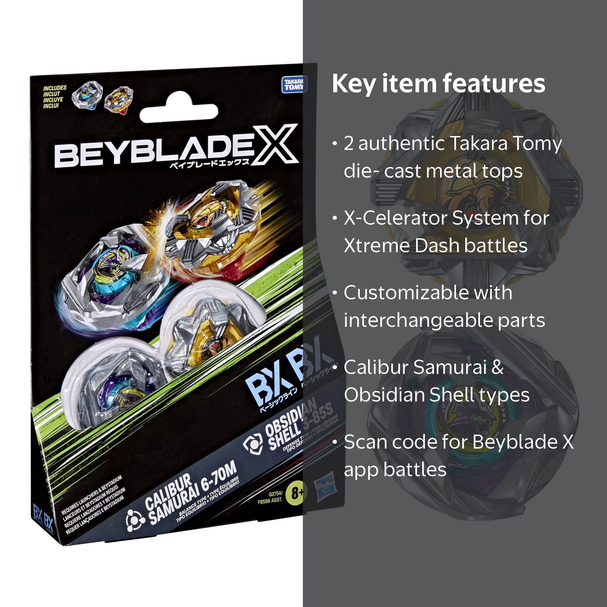 Beyblade X Calibur Samurai 6-70M BX & Obsidian Shell 3-85S BX Duel