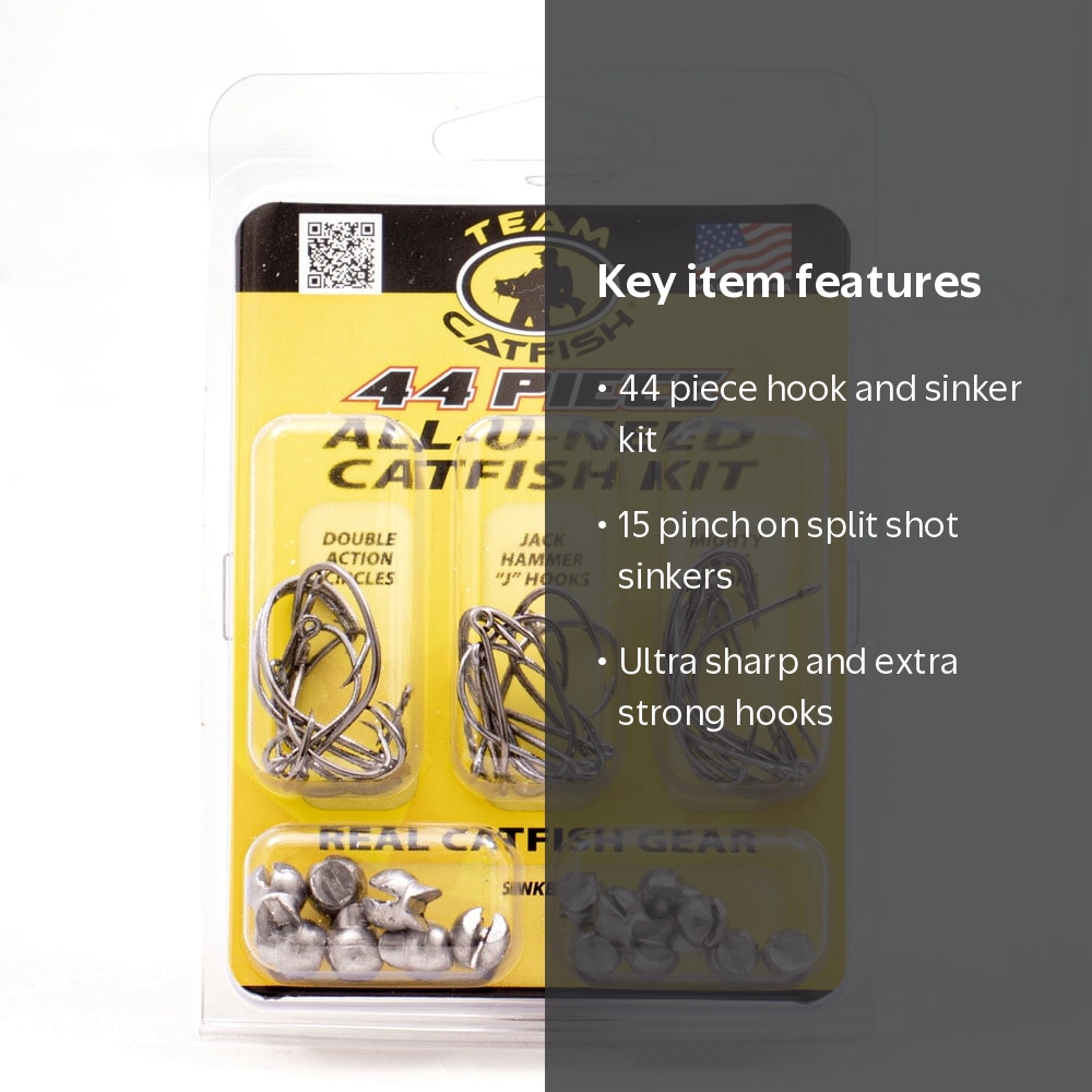 Team Catfish 44pc Fishing Kit with Hooks and Sinkers for Bait and